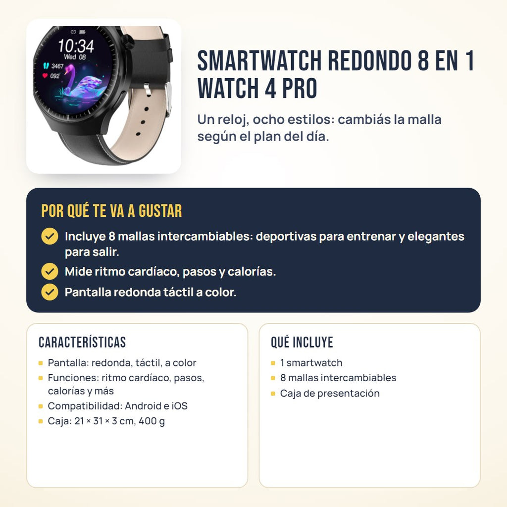 Smartwatch redondo 8 en 1 Watch 4 Pro: beneficios, características y qué incluye