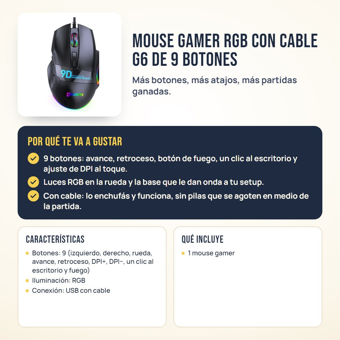 Mouse gamer RGB con cable G6 de 9 botones: beneficios, características y qué incluye