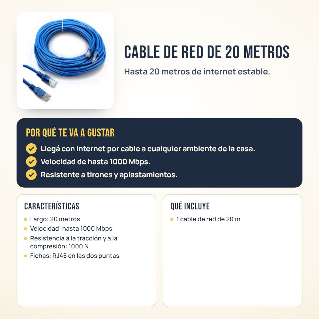 Cable de red de 20 metros: beneficios, características y qué incluye