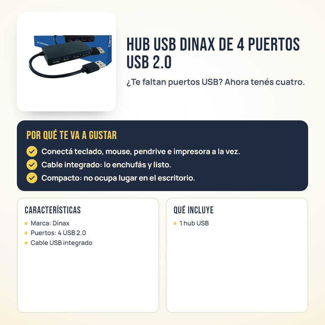 Hub USB Dinax de 4 puertos USB 2.0: beneficios, características y qué incluye