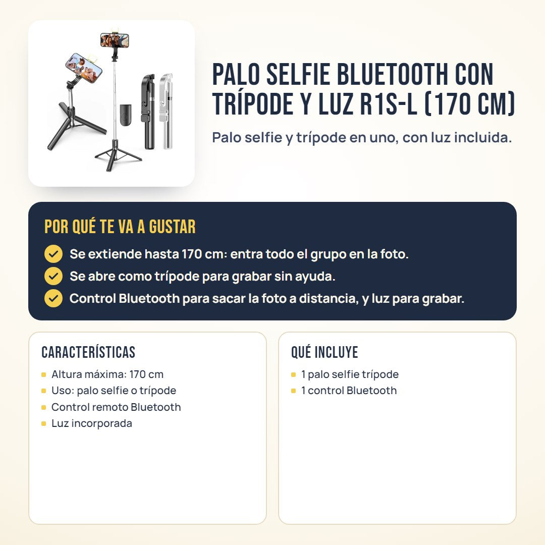 Palo selfie Bluetooth con trípode y luz R1S-L (170 cm): beneficios, características y qué incluye
