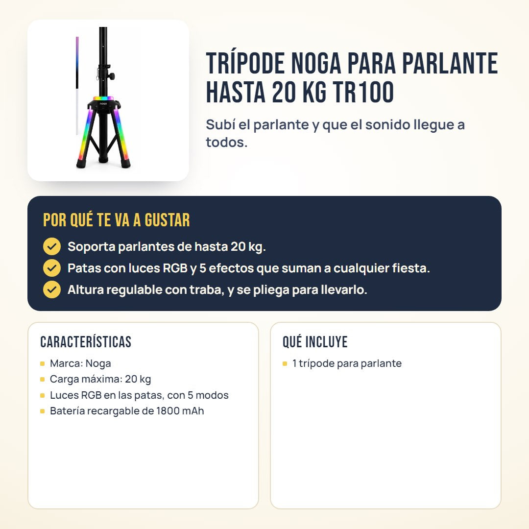 Trípode Noga para parlante hasta 20 kg TR100: beneficios, características y qué incluye
