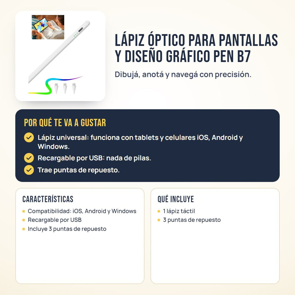 Lápiz óptico para pantallas y diseño gráfico Pen B7: beneficios, características y qué incluye