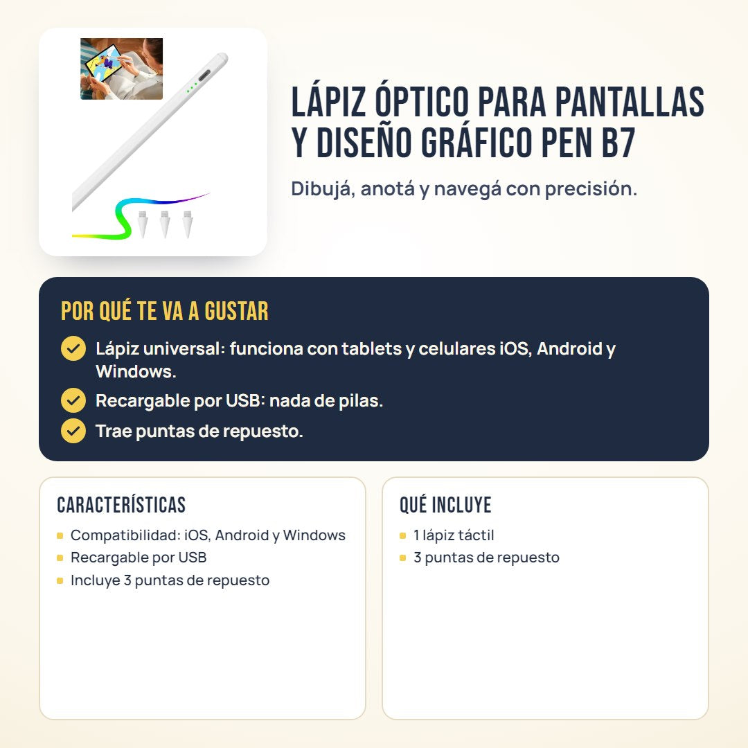 Lápiz óptico para pantallas y diseño gráfico Pen B7: beneficios, características y qué incluye