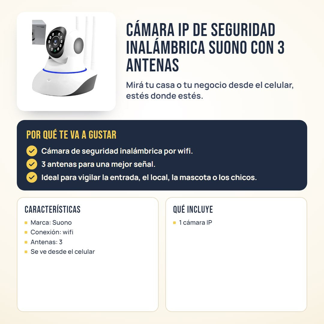 Cámara IP de seguridad inalámbrica Suono con 3 antenas: beneficios, características y qué incluye