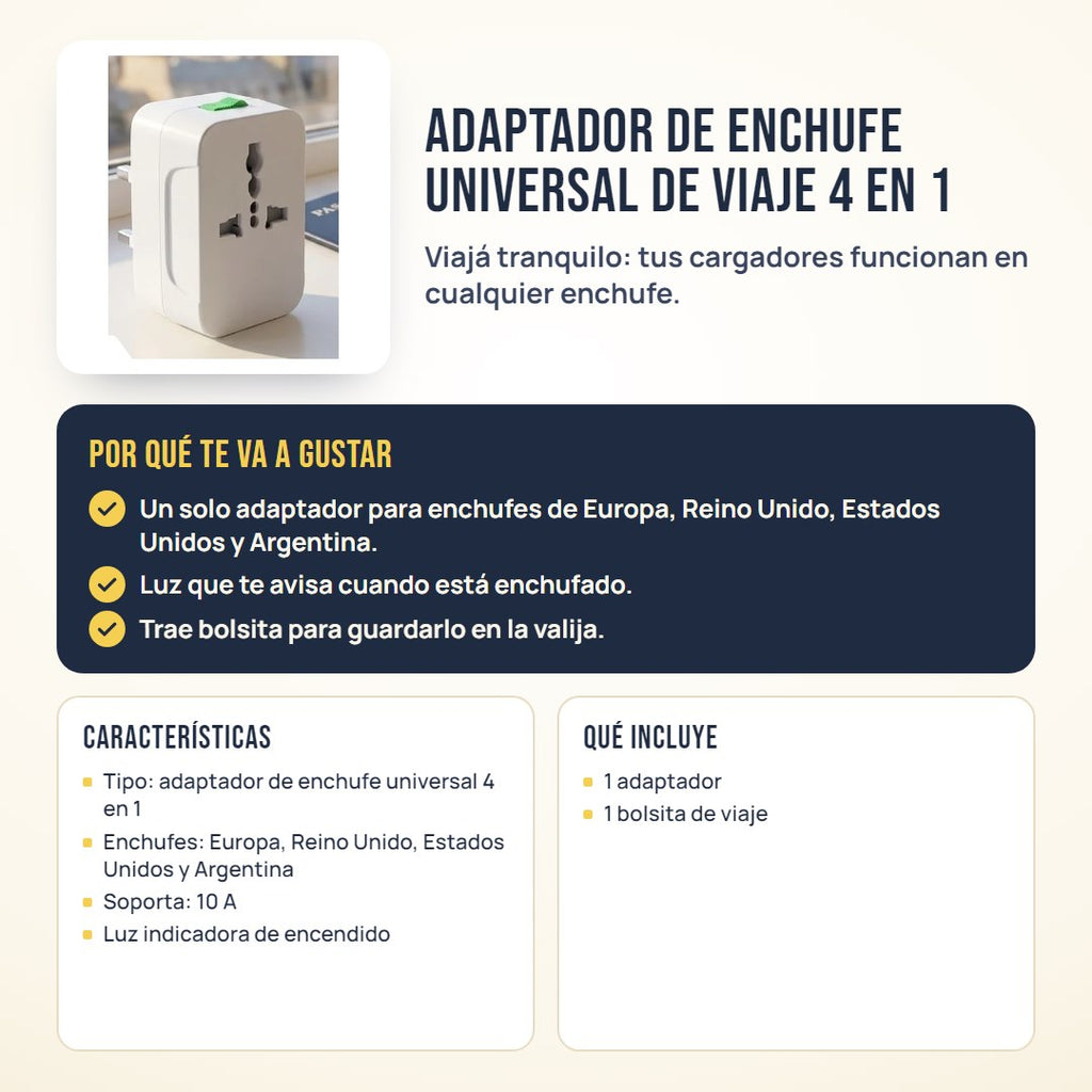 Adaptador de enchufe universal de viaje 4 en 1: beneficios, características y qué incluye