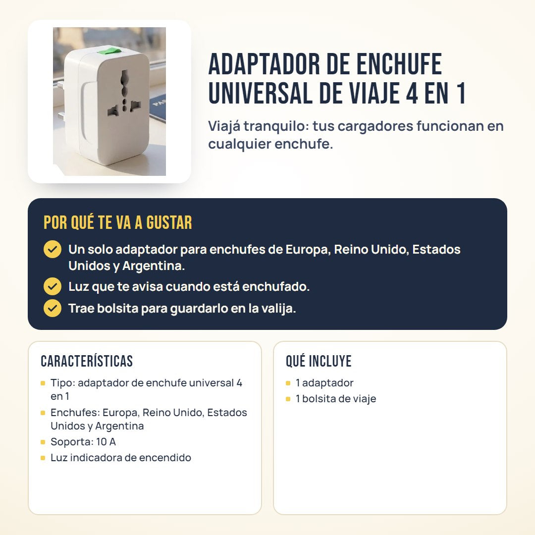 Adaptador de enchufe universal de viaje 4 en 1: beneficios, características y qué incluye