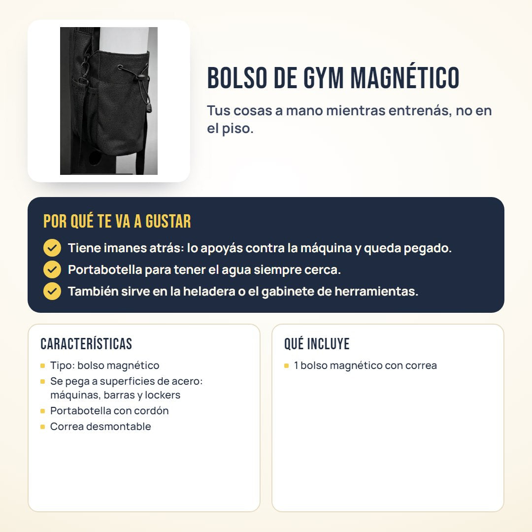 Bolso de gym magnético con portabotella: beneficios, características y qué incluye